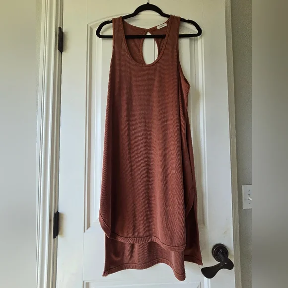 Mod Ref Rust Brown Micro Ribbed High Low Midi Dress Keyhole Back Minimalist Sz L - Picture 4 of 11